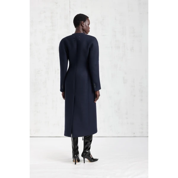 Maison Margiela Collarless Virgin Wool Coat in Navy Blue | Wool Coat | Coveti