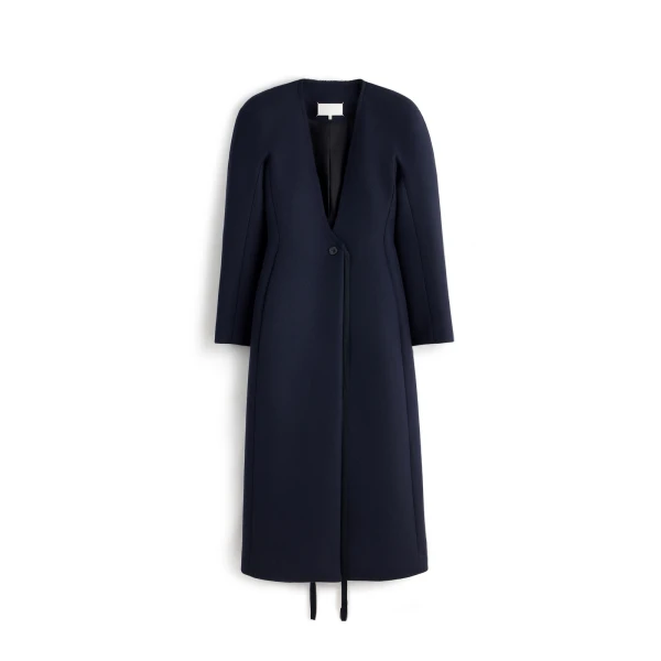 Collarless Virgin Wool Coat in Navy Blue