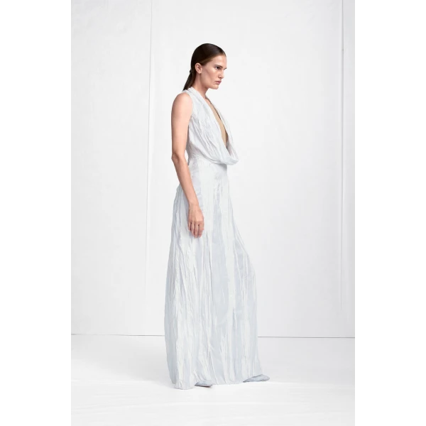 Maison Margiela Cowl-Neck Crinkled Maxi Dress in White | Maxi Dresses | Coveti