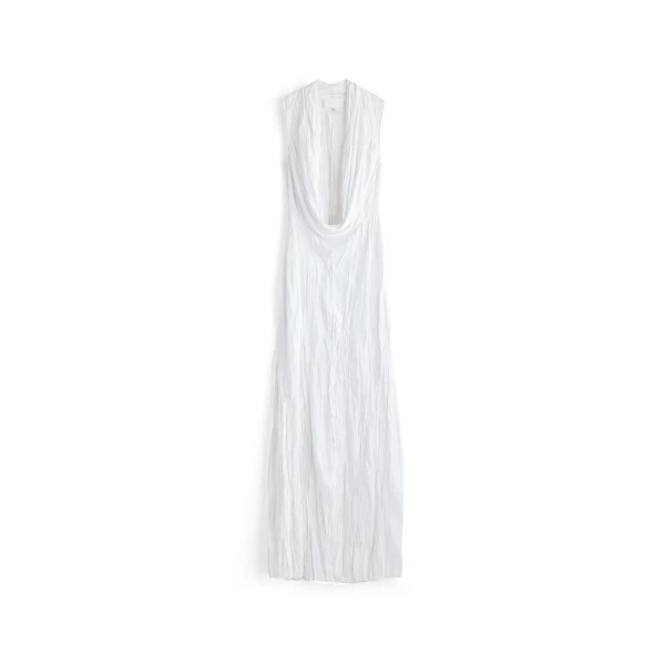 Cowl-Neck Crinkled Maxi Dress in White