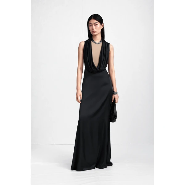 Maison Margiela Cowl-Neck Satin Maxi Dress in Black | Maxi Dresses | Coveti