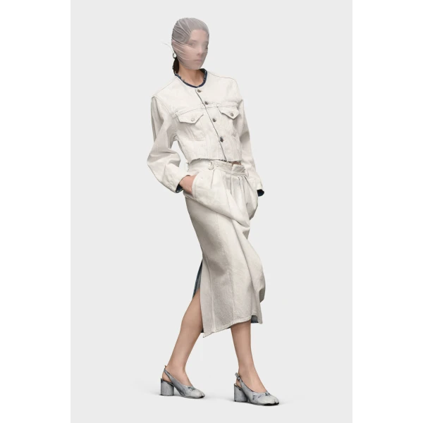 Maison Margiela Cropped Collarless Denim Jacket in White | Denim | Coveti