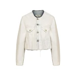 Maison Margiela Cropped Collarless Denim Jacket in White | Coveti