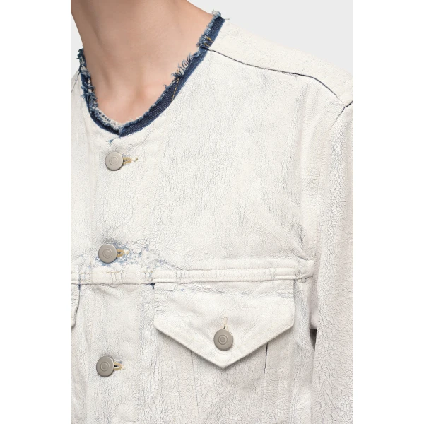 Maison Margiela Cropped Collarless Denim Jacket in White | Denim | Coveti