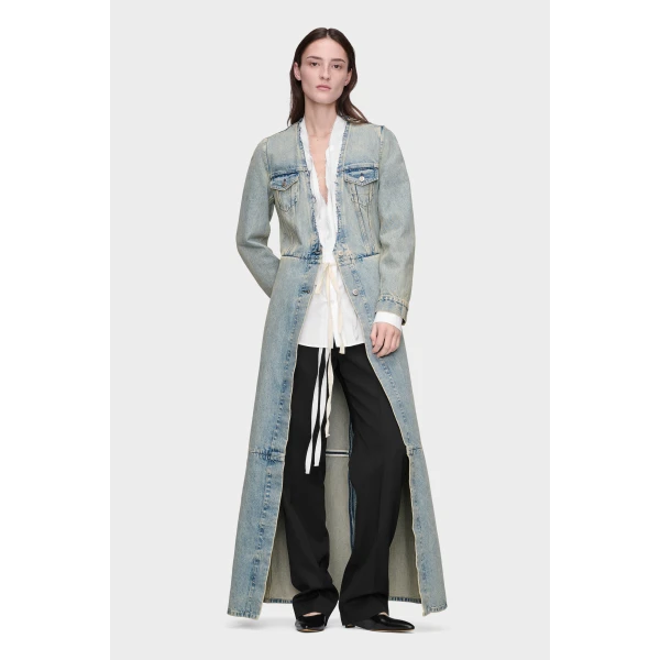 Maison Margiela Denim Maxi Coat in Light Blue | Coats | Coveti