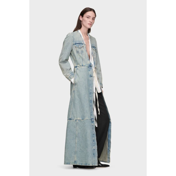 Maison Margiela Denim Maxi Coat in Light Blue | Coats | Coveti