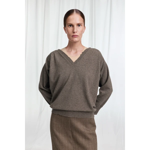 Maison Margiela Draped V-Neck Sweater in Mud Brown | Sweaters | Coveti