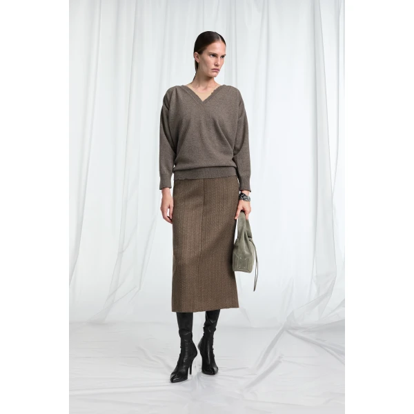Maison Margiela Draped V-Neck Sweater in Mud Brown | Sweaters | Coveti