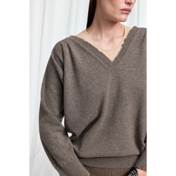 Maison Margiela Draped V-Neck Sweater in Mud Brown | Sweaters | Coveti