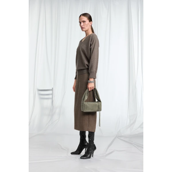 Maison Margiela Draped V-Neck Sweater in Mud Brown | Sweaters | Coveti