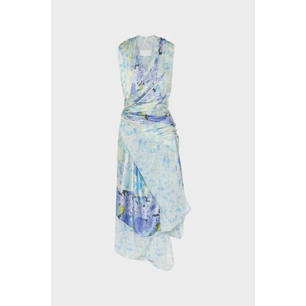 Maison Margiela Floral Drape Wrap Dress in Light Blue | Midi Dresses | Coveti