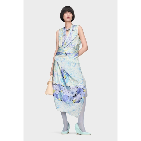 Maison Margiela Floral Drape Wrap Dress in Light Blue | Midi Dresses | Coveti