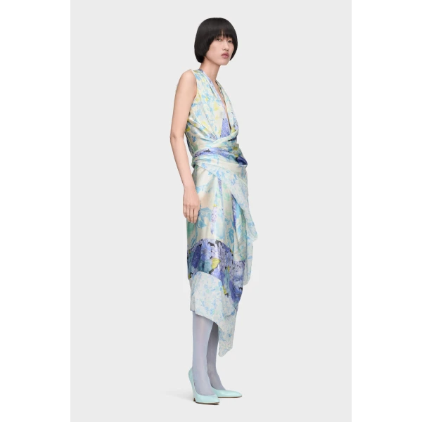 Maison Margiela Floral Drape Wrap Dress in Light Blue | Midi Dresses | Coveti