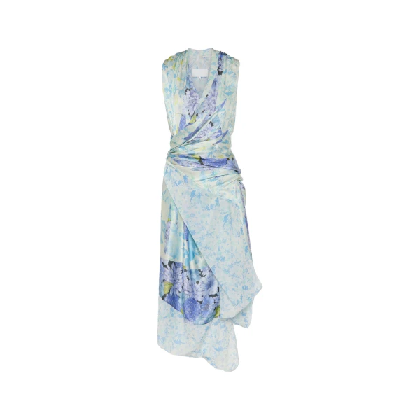 Floral Drape Wrap Dress in Light Blue