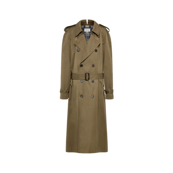 Folded Collar Cotton Trench Coat in Military Green