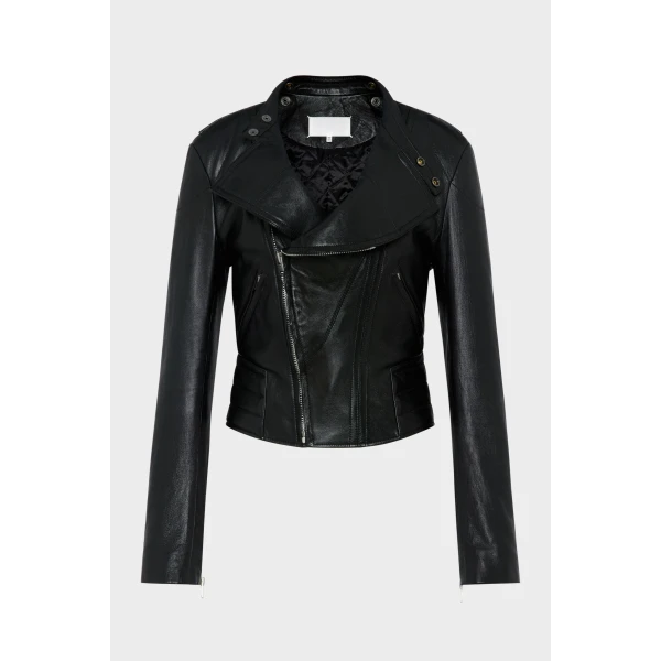 Maison Margiela Folded Collar Leather Jacket in Black | Leather Jackets | Coveti