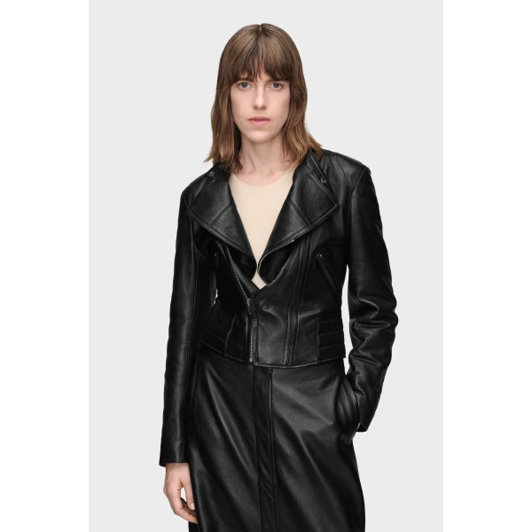 Maison Margiela Folded Collar Leather Jacket in Black | Leather Jackets | Coveti