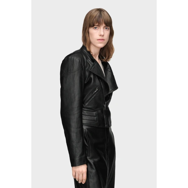 Maison Margiela Folded Collar Leather Jacket in Black | Leather Jackets | Coveti