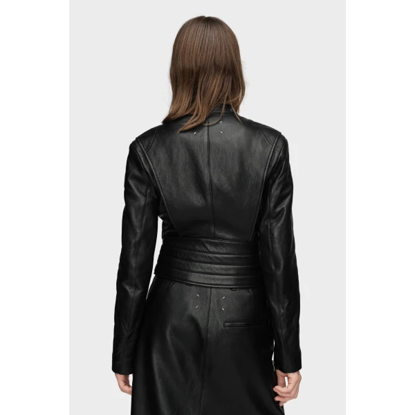 Maison Margiela Folded Collar Leather Jacket in Black | Leather Jackets | Coveti