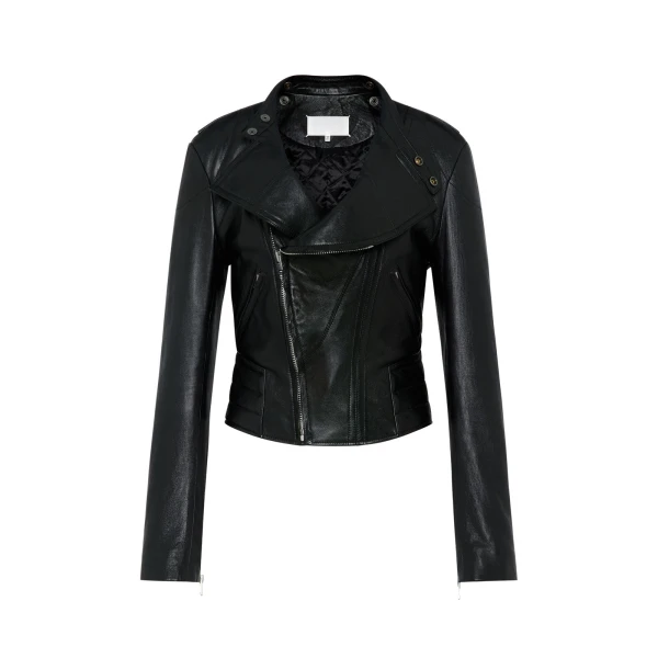 Folded Collar Leather Jacket in Black