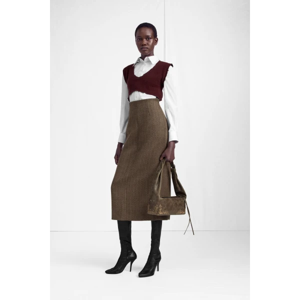 Maison Margiela Herringbone Virgin Wool Midi Skirt in Pink Beige | Midi Skirts | Coveti