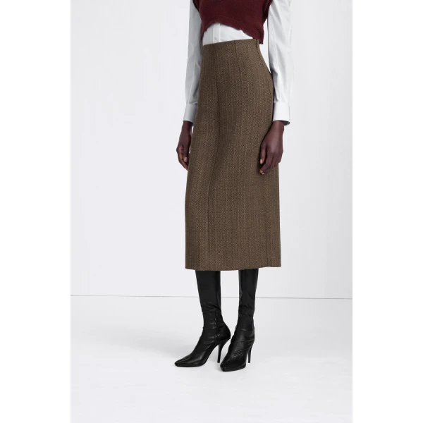 Maison Margiela Herringbone Virgin Wool Midi Skirt in Pink Beige | Midi Skirts | Coveti