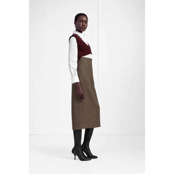 Maison Margiela Herringbone Virgin Wool Midi Skirt in Pink Beige | Midi Skirts | Coveti