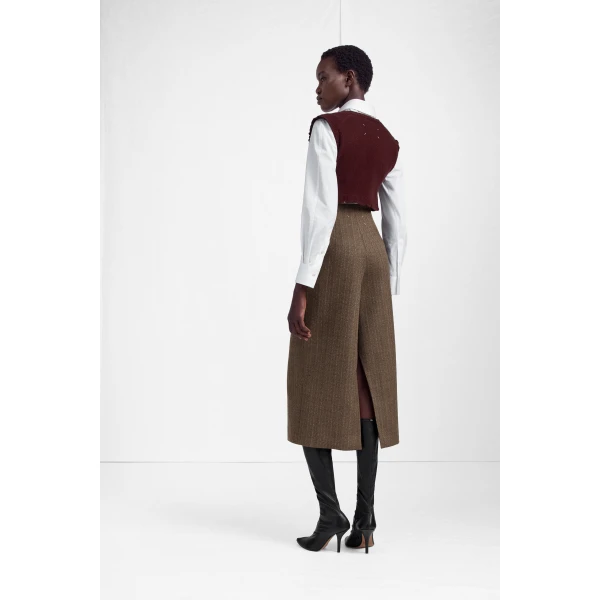 Maison Margiela Herringbone Virgin Wool Midi Skirt in Pink Beige | Midi Skirts | Coveti