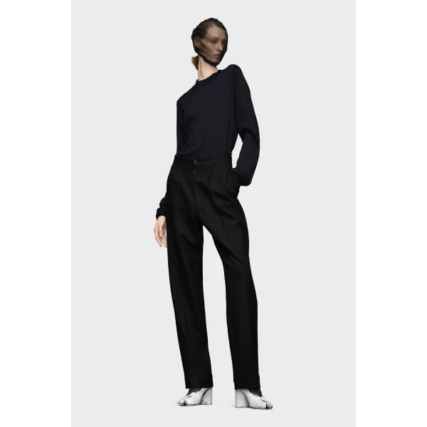 Maison Margiela Herringbone Wool Pleated Trousers in Black | Tailored pants | Coveti