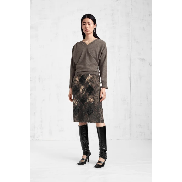 Maison Margiela Knit Virgin Wool Pencil Skirt in Walnut and Navy Blue | Midi Skirts | Coveti