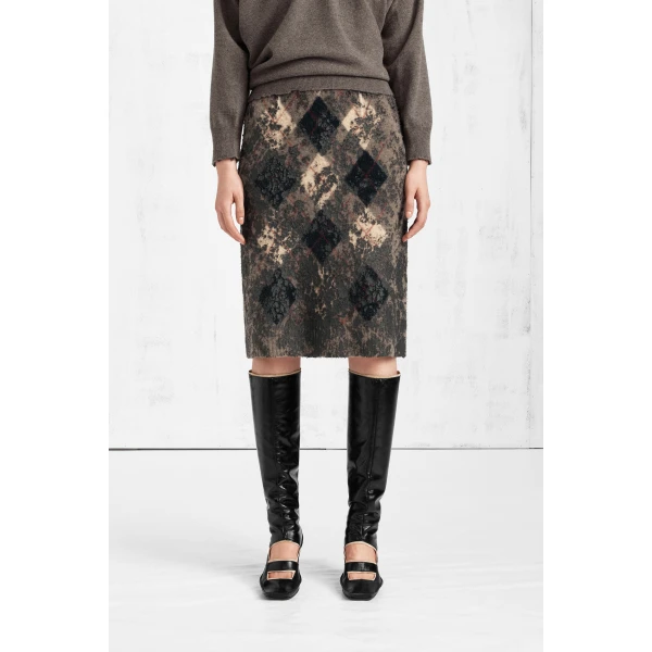 Maison Margiela Knit Virgin Wool Pencil Skirt in Walnut and Navy Blue | Midi Skirts | Coveti