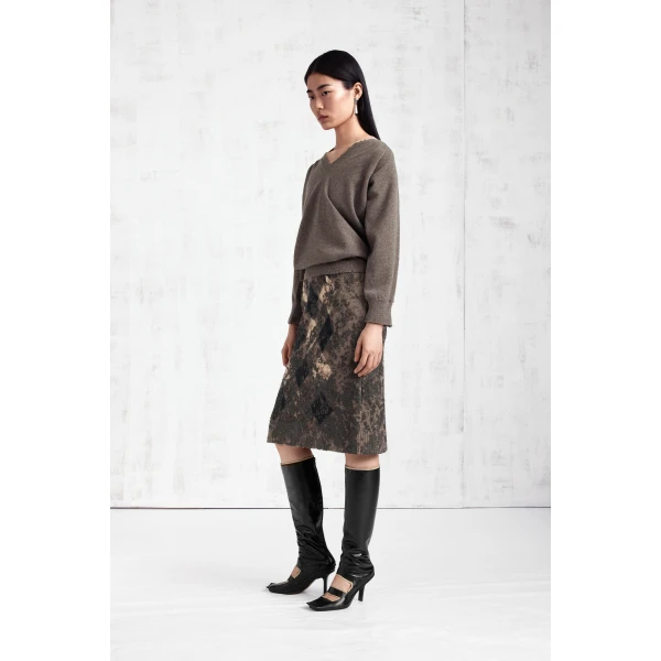 Maison Margiela Knit Virgin Wool Pencil Skirt in Walnut and Navy Blue | Midi Skirts | Coveti