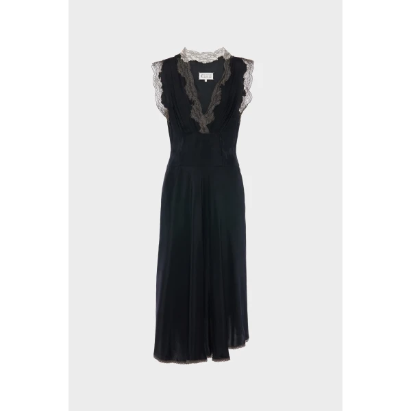 Maison Margiela Lace-Trim Satin Midi Dress in Black | Midi Dresses | Coveti