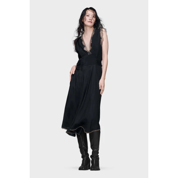Maison Margiela Lace-Trim Satin Midi Dress in Black | Midi Dresses | Coveti