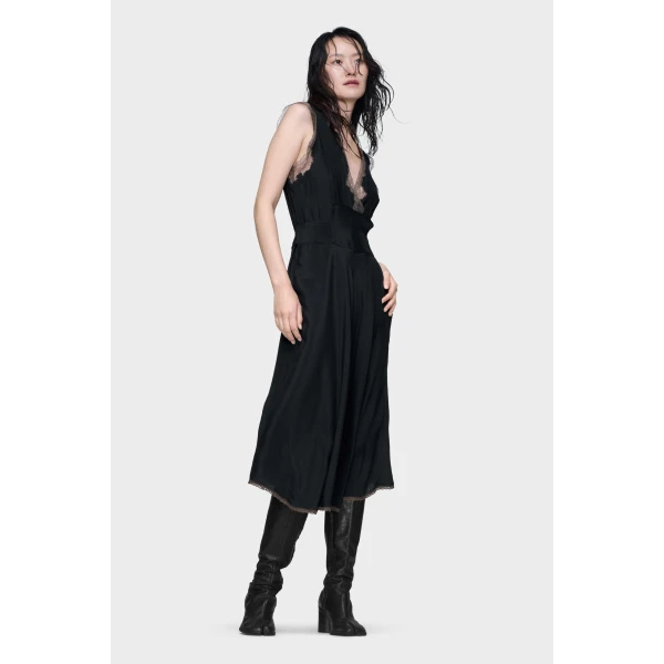 Maison Margiela Lace-Trim Satin Midi Dress in Black | Midi Dresses | Coveti