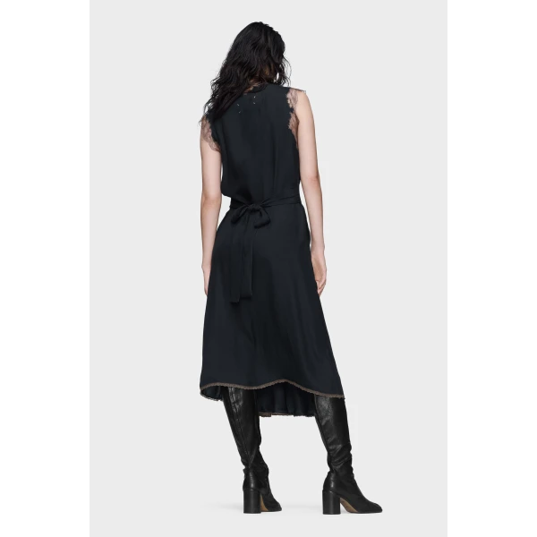Maison Margiela Lace-Trim Satin Midi Dress in Black | Midi Dresses | Coveti