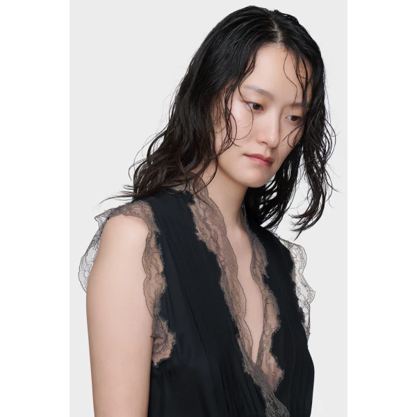 Maison Margiela Lace-Trim Satin Midi Dress in Black | Midi Dresses | Coveti