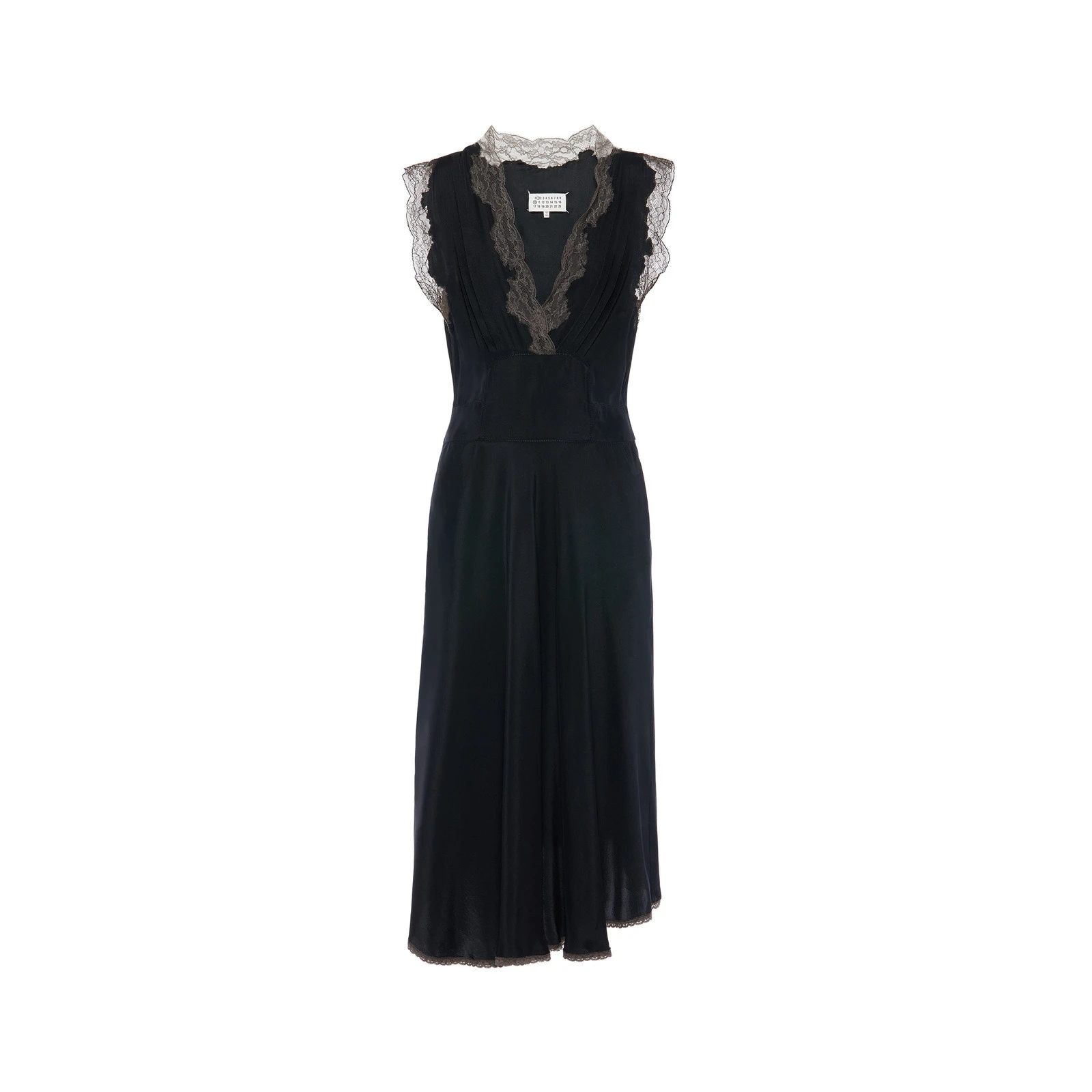 Maison Margiela Lace-Trim Satin Midi Dress in Black Maison Margiela Lace-Trim Satin Midi Dress in Black | Coveti