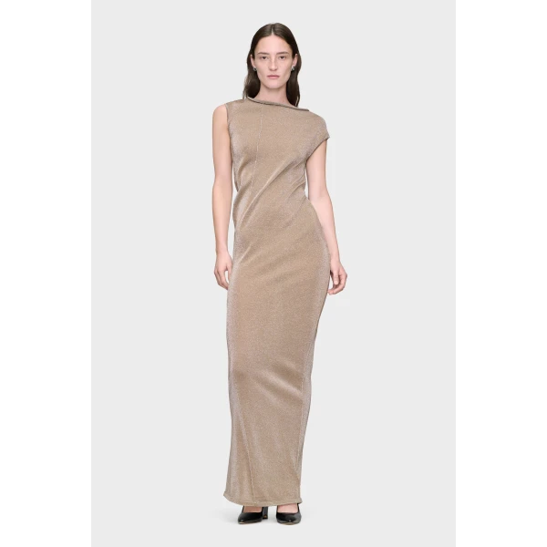 Maison Margiela Metallic Knit Maxi Dress in Pink Beige | Maxi Dresses | Coveti