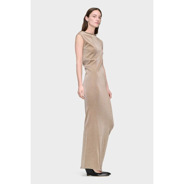 Maison Margiela Metallic Knit Maxi Dress in Pink Beige | Maxi Dresses | Coveti