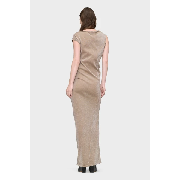 Maison Margiela Metallic Knit Maxi Dress in Pink Beige | Maxi Dresses | Coveti