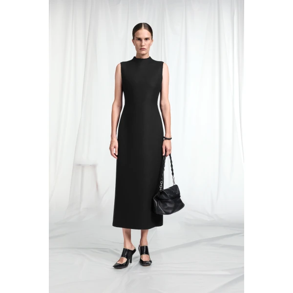 Maison Margiela Mock-Neck Virgin Wool Maxi Dress in Black | Maxi Dresses | Coveti