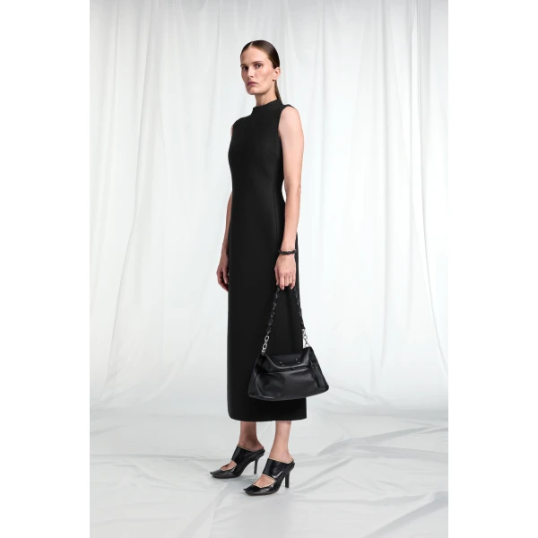 Maison Margiela Mock-Neck Virgin Wool Maxi Dress in Black | Maxi Dresses | Coveti