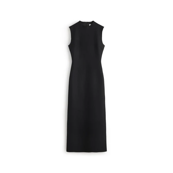 Mock-Neck Virgin Wool Maxi Dress in Black