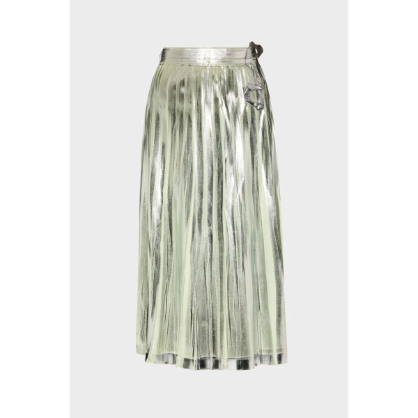 Maison Margiela Pleated Metallic Silk Midi Skirt in Aloe Vera | Midi Skirts | Coveti