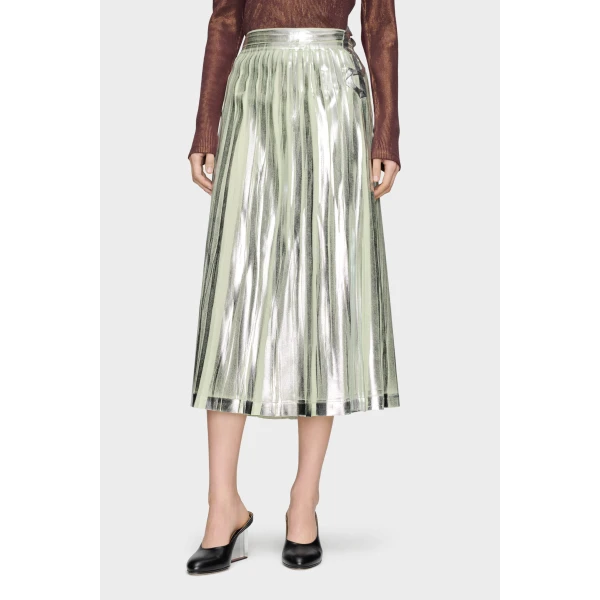 Maison Margiela Pleated Metallic Silk Midi Skirt in Aloe Vera | Midi Skirts | Coveti