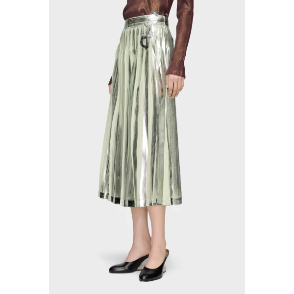 Maison Margiela Pleated Metallic Silk Midi Skirt in Aloe Vera | Midi Skirts | Coveti