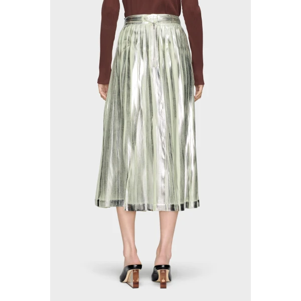 Maison Margiela Pleated Metallic Silk Midi Skirt in Aloe Vera | Midi Skirts | Coveti