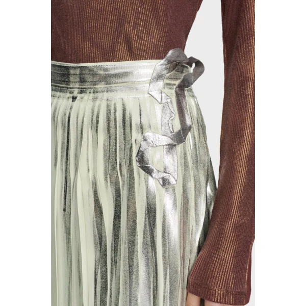 Maison Margiela Pleated Metallic Silk Midi Skirt in Aloe Vera | Midi Skirts | Coveti