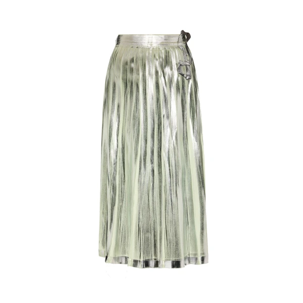 Pleated Metallic Silk Midi Skirt in Aloe Vera